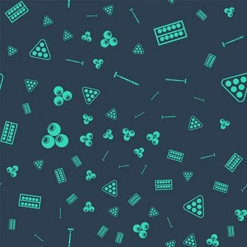 Set Billiard cue, balls on stand, and in rack triangle on seamless pattern Illustrazione stock