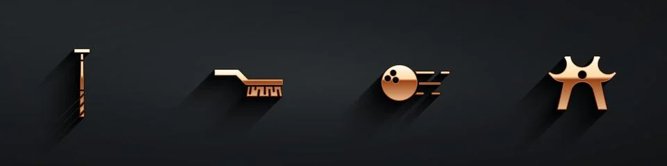 Set Billiard cue, Pool table brush, Bowling ball and rest icon with long shadow Stock Illustration