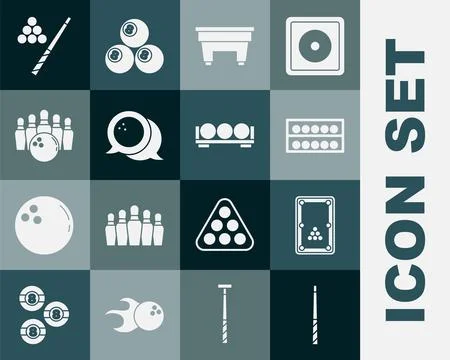 Set Billiard cue, table, balls on stand, Bowling, pin,  and  icon. Vector Illustrazione stock