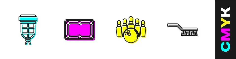 Set Billiard pocket, table, Bowling pin and ball and Pool brush icon. Vector Illustrazione stock