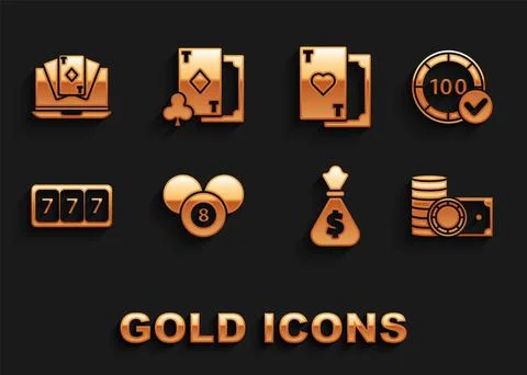Set Billiard pool snooker 8 ball, Casino chips, and stacks money cash, Money bag Stock Illustration
