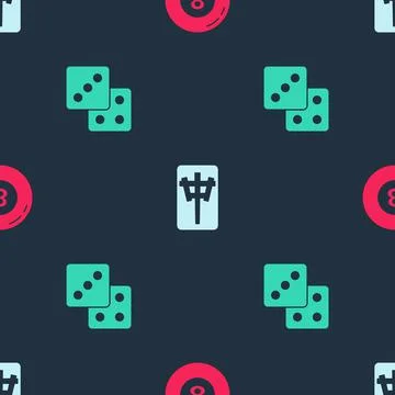 Set Billiard pool snooker ball, Mahjong pieces and Game dice on seamless pattern Stock Illustration