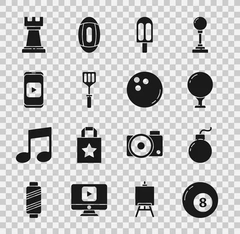 Set Billiard pool snooker ball, Bomb ready to explode, Golf on tee, Ice cream Stock Illustration