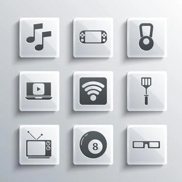 Set Billiard pool snooker ball, Cinema glasses, Spatula, Wi-Fi wireless internet Stock Illustration
