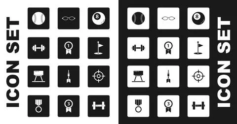 Set Billiard pool snooker ball, Medal, Dumbbell, Tennis, Golf flag, Glasses.. Stock Illustration