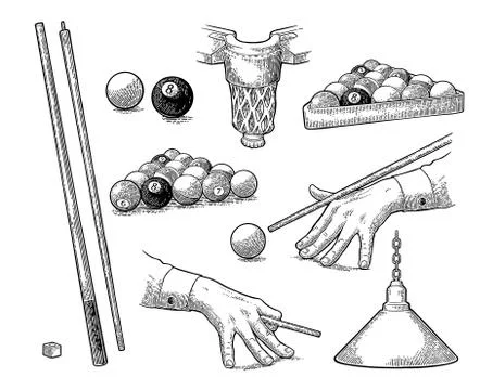 Set billiard. Stick, balls, chalk, pocket and lamp.Vintage black engraving Illustrazione stock