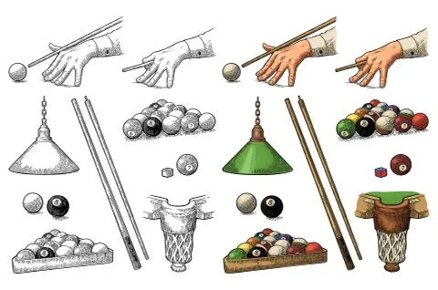 Set billiard. Stick, balls, chalk, pocket and lamp.Vintage black engraving Illustrazione stock