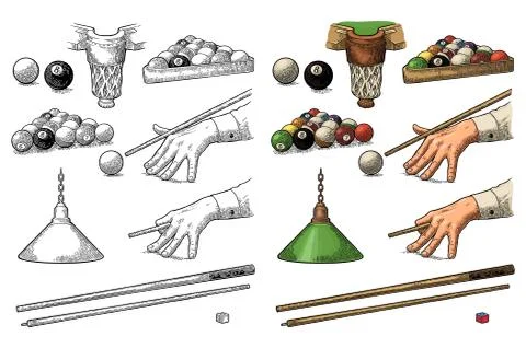 Set billiard. Stick, balls, chalk, pocket and lamp.Vintage black engraving Illustrazione stock
