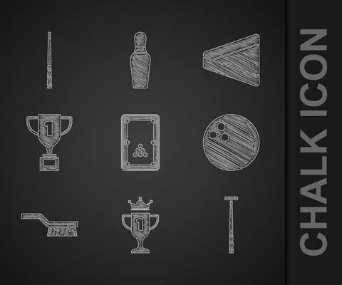Set Billiard table, Award cup, cue, Bowling ball, Pool brush, triangle and icon Stock Illustration