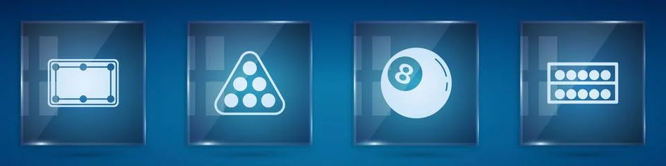 Set Billiard table, balls in rack triangle, and on stand. Square glass panels Illustrazione stock