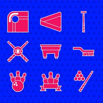 Set Billiard table, Bowling pin, cue and ball, Pool brush, Crossed billiard cues Stock Illustration