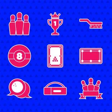 Set Billiard table, Case for billiard cue, Bowling pin, ball, Pool brush an.. Stock Illustration