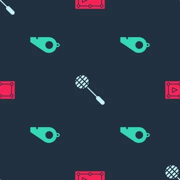 Set Billiard table, Tennis racket and Whistle on seamless pattern. Vector Stock Illustration