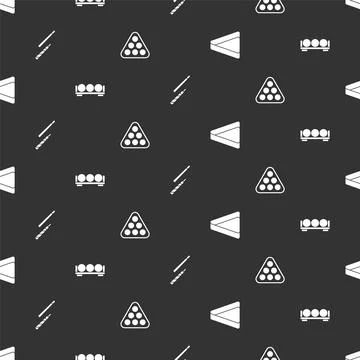 Set Billiard triangle, balls on stand, cue and in rack on seamless pattern Illustrazione stock