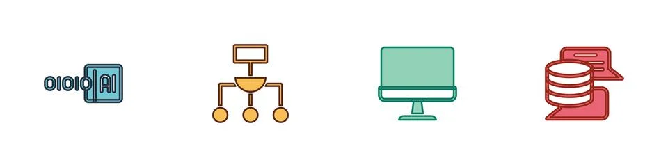 Set Binary code, Algorithm, Computer monitor and Server, Data icon. Vector Stock Illustration