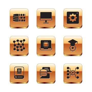 Set Binary code, Artificial intelligence AI, Server, Data, Processor CPU, Neural Illustrazione stock