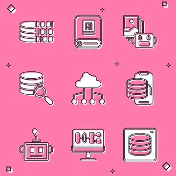 Set Binary code, Artificial intelligence AI, robot, Server, Network cloud Stock Illustration