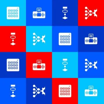 Set Binary code Artificial intelligence AI Algorithm and Neural network icon. Stock Illustration
