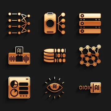 Set Binary code, Artificial intelligence AI, Neural network, Computer api i.. Stock Illustration