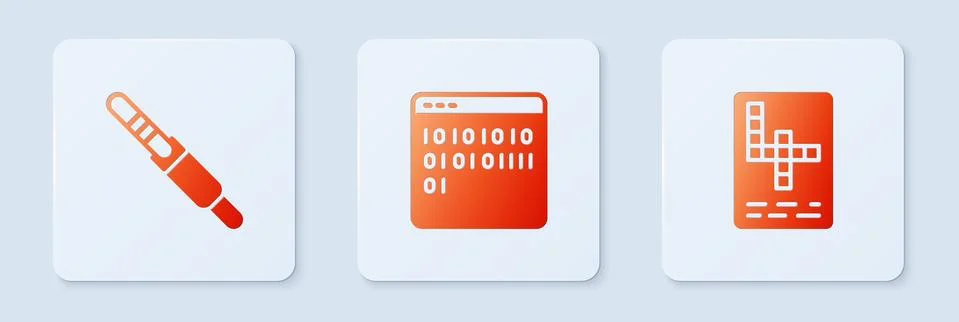 Set Binary code, Audio jack and Crossword. White square button. Vector 库存插图