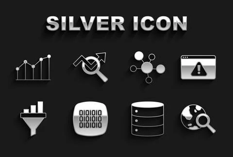 Set Binary code, Browser with exclamation mark, Search globe, Server, Sales Stock Illustration