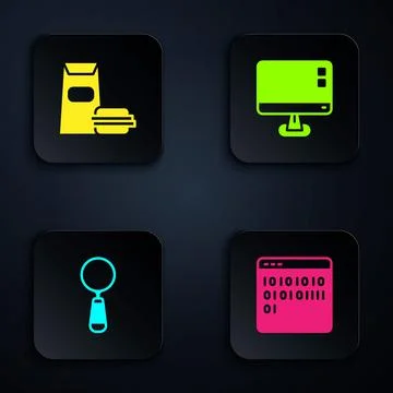 Set Binary code, Burger, Magnifying glass and Computer monitor screen. Black Illustrazione stock
