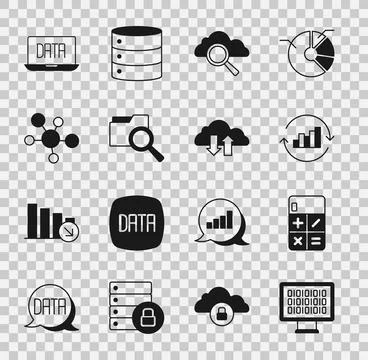 Set Binary code, Calculator, Pie chart infographic, Search cloud computing,.. Stock Illustration