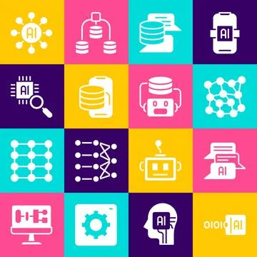 Set Binary code, Chat bot, Neural network, Server, Data, Cloud technology data Illustrazione stock