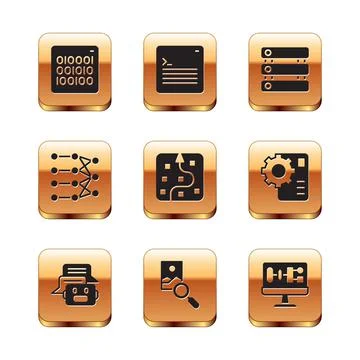 Set Binary code, Chat bot, Photo retouching, Neural network, Server, Data 스톡 일러스트