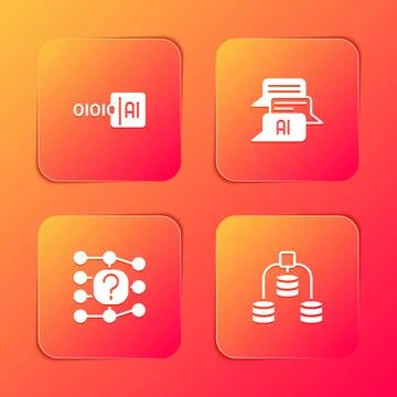 Set Binary code, Chat bot, Neural network and Server, Data icon. Vector Illustrazione stock