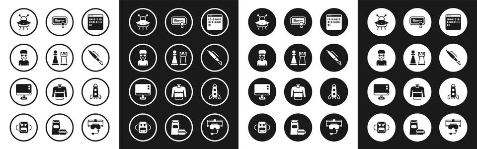 Set Binary code, Chess, Nerd geek, UFO flying spaceship, Fountain pen nib 스톡 일러스트