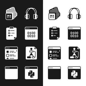 Set Binary code, Clipboard with checklist, Processor, Headphones, Browser files Stock Illustration