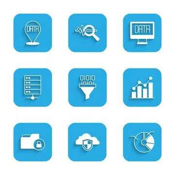 Set Binary code, Cloud and shield, Pie chart infographic, Folder lock, Server Illustrazione stock