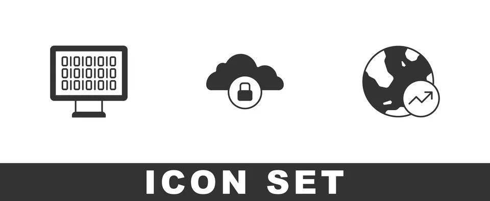 Set Binary code, Cloud computing lock and Financial growth icon. Vector Stock Illustration
