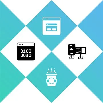 Set Binary code, Coffee cup to go, Search engine and Computer monitor scree.. Stock Illustration