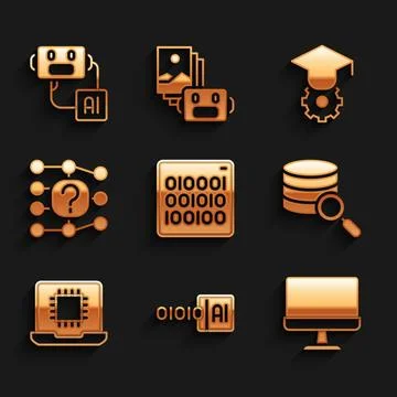 Set Binary code, Computer monitor, Server, Processor CPU, Neural network Stock-Illustration