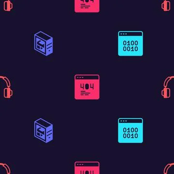 Set Binary code, Computer, Page with 404 error and Headphones on seamless Stock Illustration