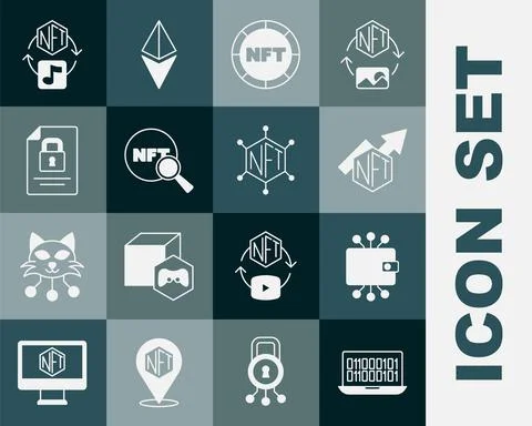 Set Binary code, Cryptocurrency wallet, NFT growth bar chart, Digital crypto Stock Illustration