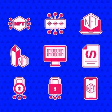Set Binary code, Cyber security, Mobile with art store app, NFT Digital crypto Stock Illustration