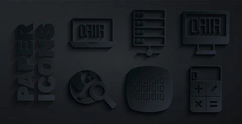 Set Binary code, Data analysis, Search globe, Calculator, Server and  icon... Illustrazione stock