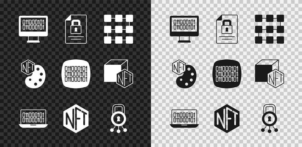 Set Binary code, Document and lock, NFT blockchain technology, Digital crypto Stock Illustration