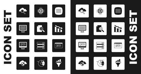 Set Binary code, Document with graph chart, Search cloud computing, Financial Illustration
