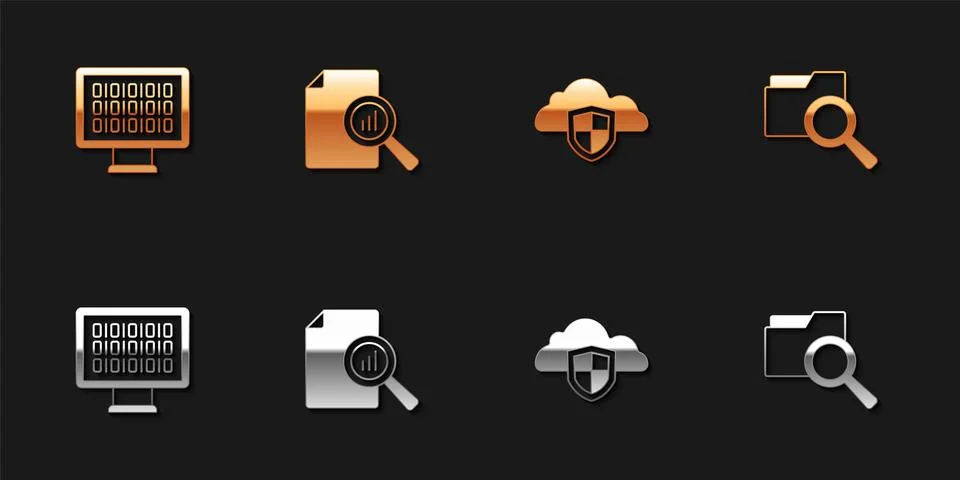 Set Binary code, Document with graph chart, Cloud and shield and Search folder Stock Illustration