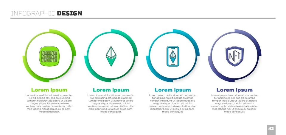 Set Binary code, Ethereum ETH, and NFT shield. Business infographic template Illustrazione stock