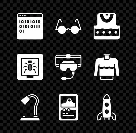 Set Binary code, Eyeglasses, Waistcoat, Table lamp, Card game, Rocket ship Illustrazione stock