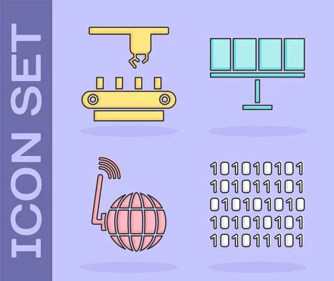 Set Binary code, Factory conveyor system belt, Social network and Solar energy 스톡 일러스트
