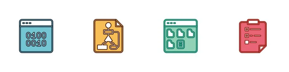 Set Binary code, Flowchart, Browser files and Clipboard with checklist icon Stock Illustration