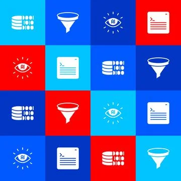 Set Binary code, Funnel or filter, Artificial intelligence AI and Web developer Illustrazione stock