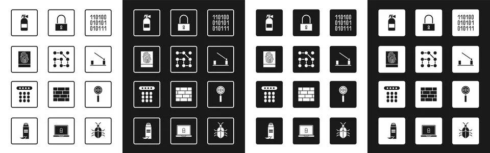 Set Binary code, Graphic password protection, Fingerprint, Fire extinguisher Stock Illustration