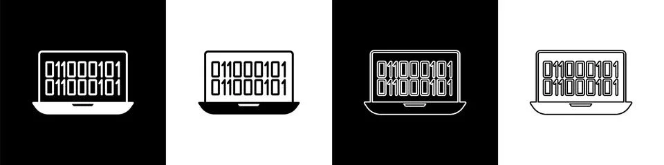 Set Binary code icon isolated on black and white background. Vector Stock Illustration